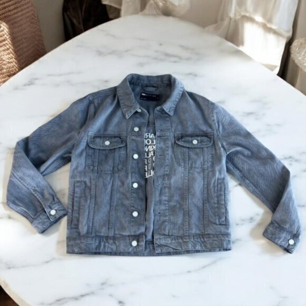 ASOS Men's Embroidered Denim Jacket Size Small Gray Dark Future London UK